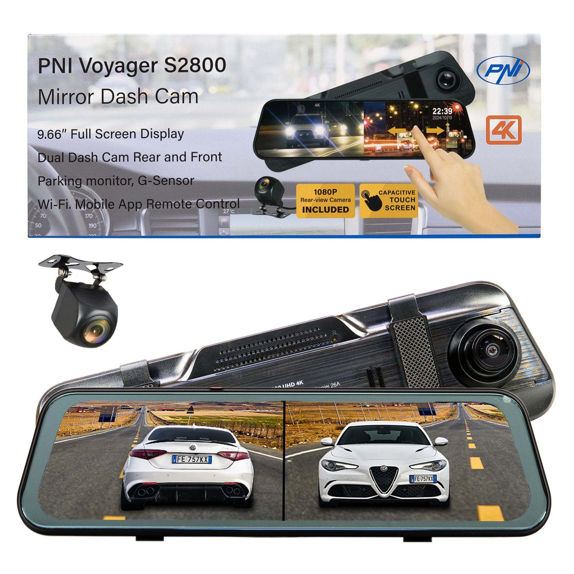 Camera auto DVR PNI Voyager S2800 UHD 4K 170° incorporata in oglinda retrovizoare, 9.66 inch, touchscreen IPS, monitorizare parcare, G-Sensor, slot card micro SD, USB-C, functie GPS, Wi-Fi, control din aplicatie, camera de mers inapoi full HD inclusa