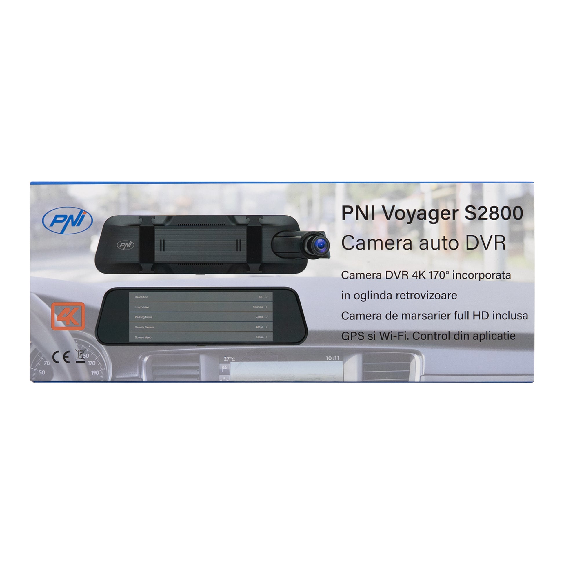 Camera auto DVR PNI Voyager S2800 UHD 4K 170° incorporata in oglinda retrovizoare, 9.66 inch, touchscreen IPS, monitorizare parcare, G-Sensor, slot card micro SD, USB-C, functie GPS, Wi-Fi, control din aplicatie, camera de mers inapoi full HD inclusa