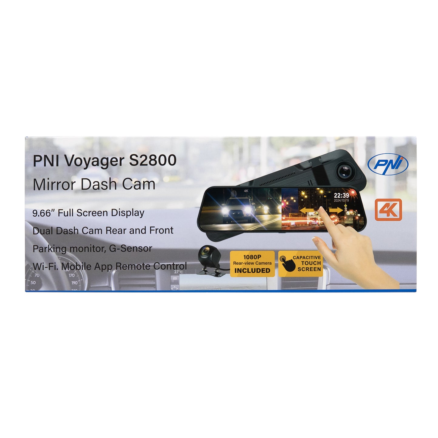 Camera auto DVR PNI Voyager S2800 UHD 4K 170° incorporata in oglinda retrovizoare, 9.66 inch, touchscreen IPS, monitorizare parcare, G-Sensor, slot card micro SD, USB-C, functie GPS, Wi-Fi, control din aplicatie, camera de mers inapoi full HD inclusa