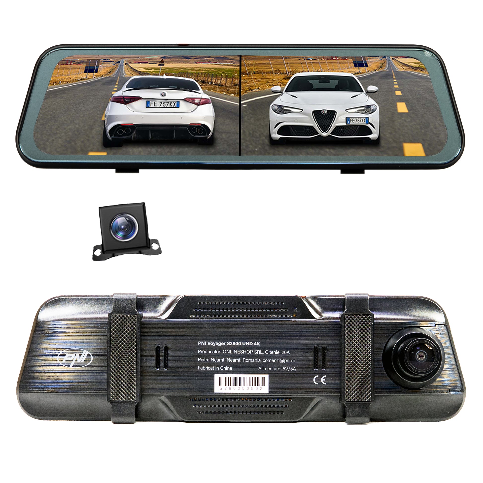 Camera auto DVR PNI Voyager S2800 UHD 4K 170° incorporata in oglinda retrovizoare, 9.66 inch, touchscreen IPS, monitorizare parcare, G-Sensor, slot card micro SD, USB-C, functie GPS, Wi-Fi, control din aplicatie, camera de mers inapoi full HD inclusa