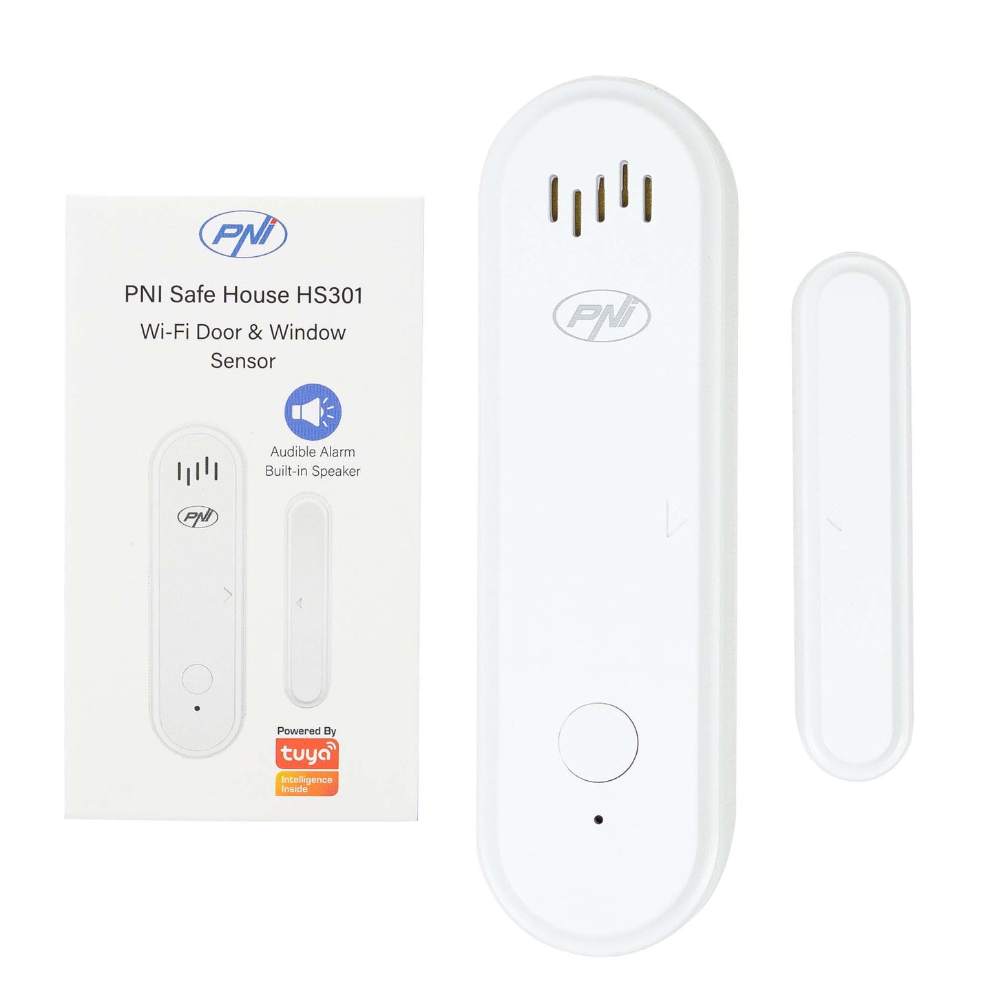 Contact magnetic PNI Safe House HS301 cu Wi-Fi, pentru monitorizare usi/ferestre prin aplicatia Tuya Smart, alarma sonora 80dB, difuzor incorporat, volum reglabil, functie armare/dezarmare, alimentare 3V