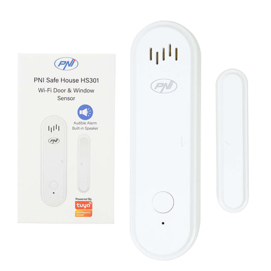 Contact magnetic PNI Safe House HS301 cu Wi-Fi, pentru monitorizare usi/ferestre prin aplicatia Tuya Smart, alarma sonora 80dB, difuzor incorporat, volum reglabil, functie armare/dezarmare, alimentare 3V