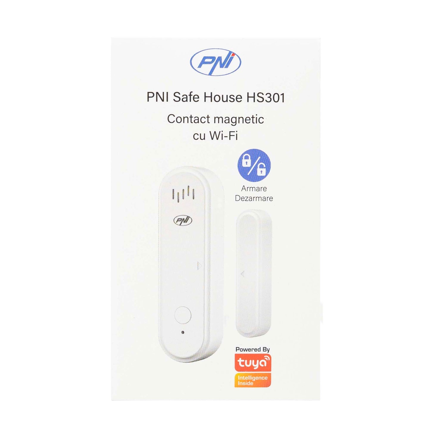 Contact magnetic PNI Safe House HS301 cu Wi-Fi, pentru monitorizare usi/ferestre prin aplicatia Tuya Smart, alarma sonora 80dB, difuzor incorporat, volum reglabil, functie armare/dezarmare, alimentare 3V