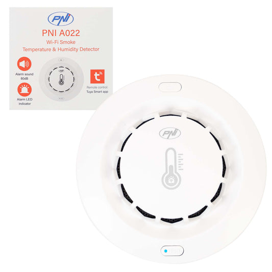 Senzor de fum, temperatura si umiditate PNI SafeHouse A022 cu Wi-Fi, aplicatia Tuya, compatibil cu Alexa si Google Assistant, 80dB, standalone, alb