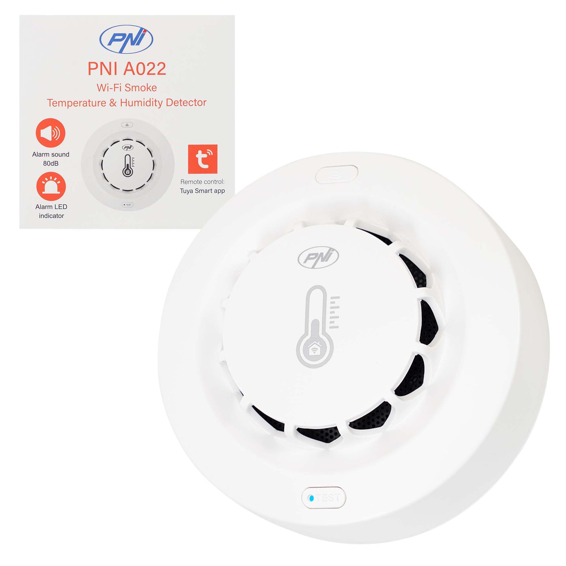 Senzor de fum, temperatura si umiditate PNI SafeHouse A022 cu Wi-Fi, aplicatia Tuya, compatibil cu Alexa si Google Assistant, 80dB, standalone, alb
