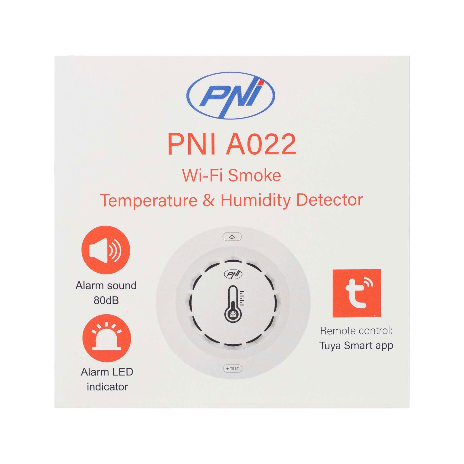Senzor de fum, temperatura si umiditate PNI SafeHouse A022 cu Wi-Fi, aplicatia Tuya, compatibil cu Alexa si Google Assistant, 80dB, standalone, alb