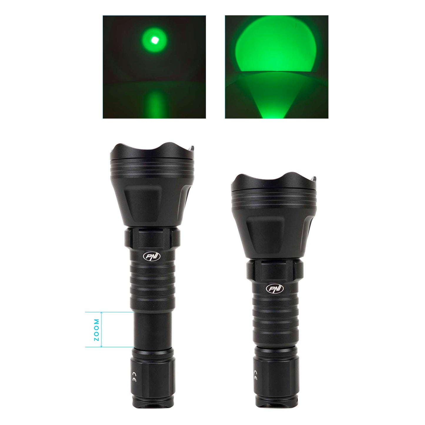 Lanterna PNI Adventure FBG158 cu LED, lumina verde, distanta 650 m, functie zoom si dimming, acumulator 18650 3000mAh si incarcator inclus, IP68, negru