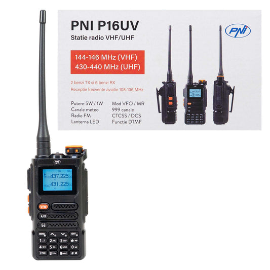 Statie radio portabila VHF/UHF PNI P16UV 999 canale, dual band TX si 6 benzi RX, transmisie VOX, Scan, Radio FM, canale meteo, Li-Ion 2600 mAh