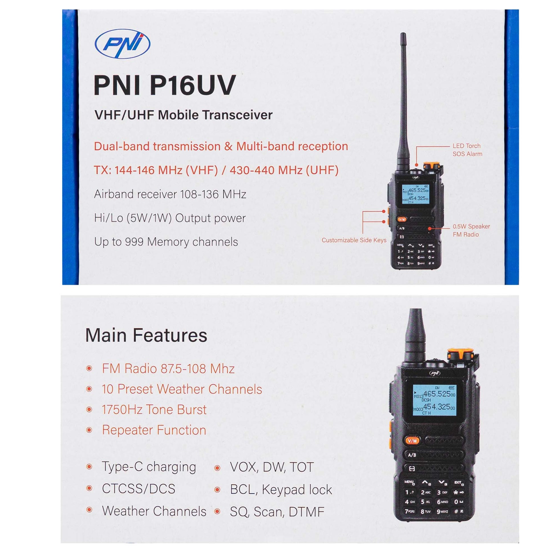 Statie radio portabila VHF/UHF PNI P16UV 999 canale, dual band TX si 6 benzi RX, transmisie VOX, Scan, Radio FM, canale meteo, Li-Ion 2600 mAh