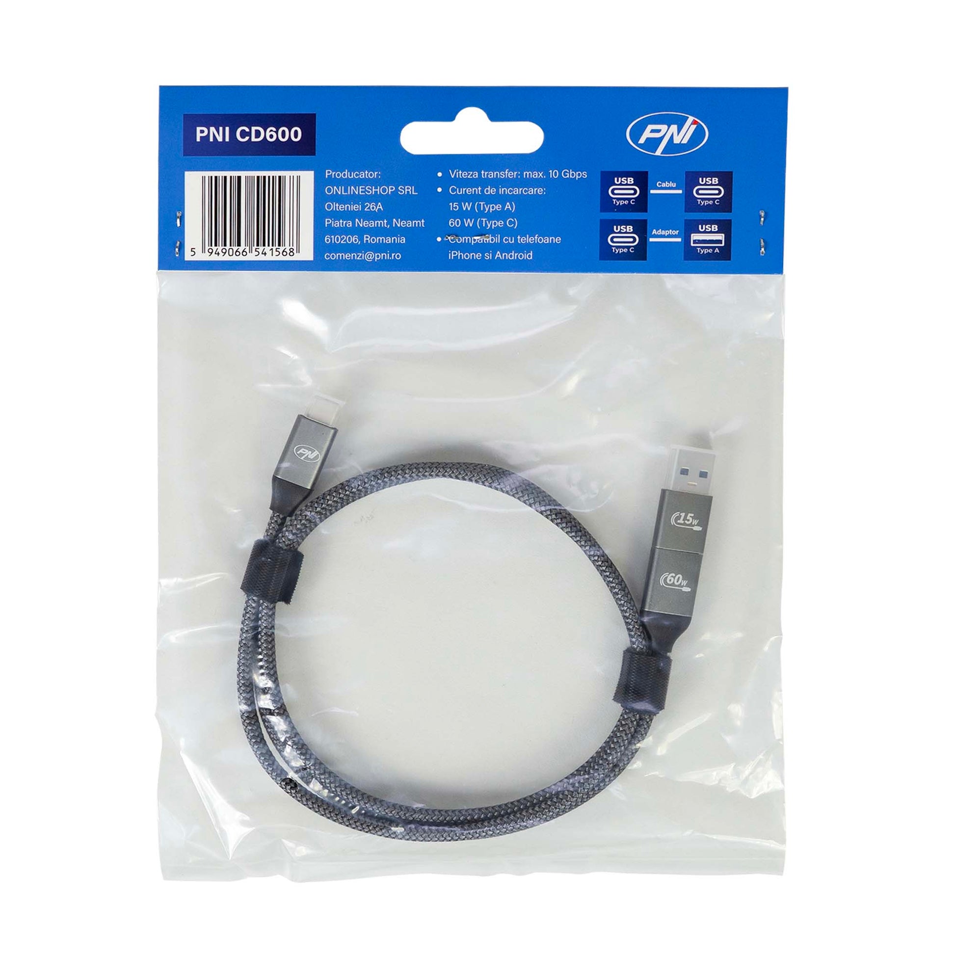 Cablu date si incarcare PNI CD600 USB Type-C la Type-C 60W + adaptor USB Type-C la USB-A, lungime 1m