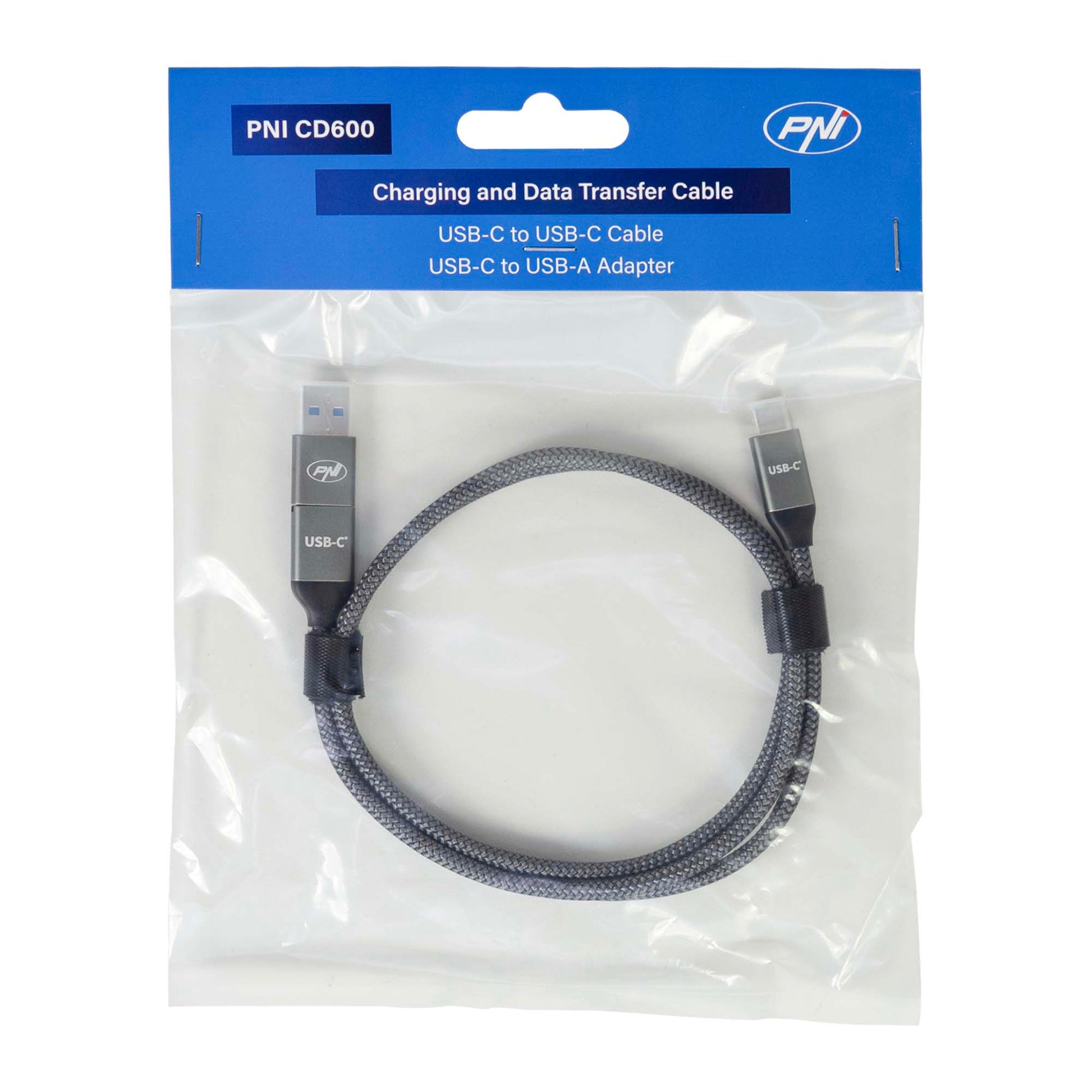 Cablu date si incarcare PNI CD600 USB Type-C la Type-C 60W + adaptor USB Type-C la USB-A, lungime 1m