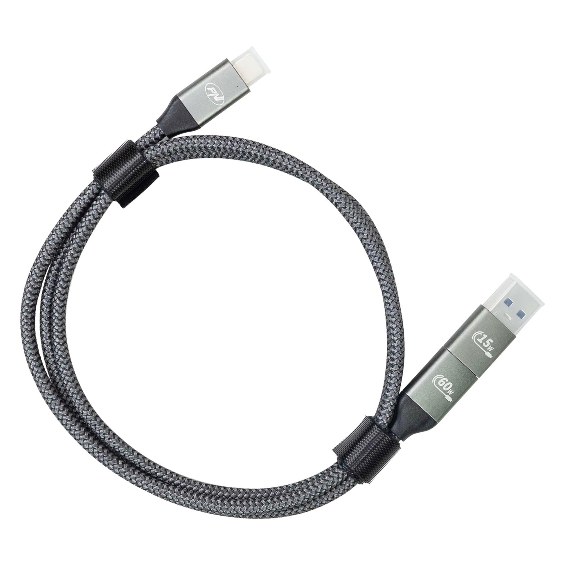 Cablu date si incarcare PNI CD600 USB Type-C la Type-C 60W + adaptor USB Type-C la USB-A, lungime 1m