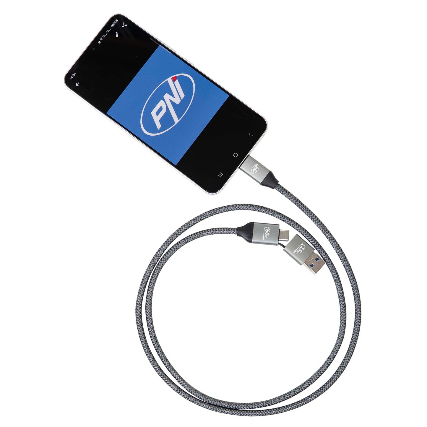 Cablu date si incarcare PNI CD600 USB Type-C la Type-C 60W + adaptor USB Type-C la USB-A, lungime 1m