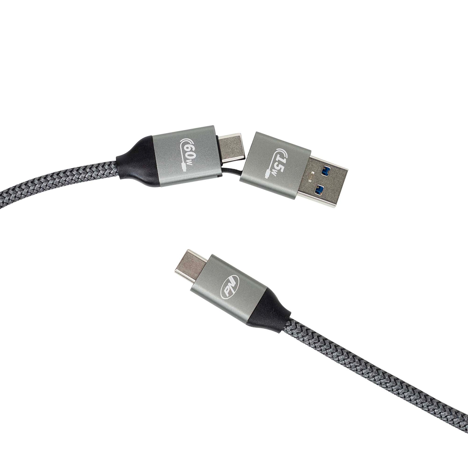 Cablu date si incarcare PNI CD600 USB Type-C la Type-C 60W + adaptor USB Type-C la USB-A, lungime 1m