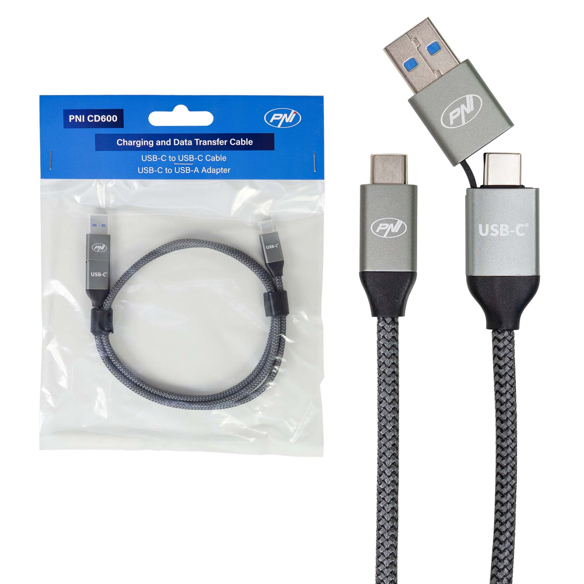 Cablu date si incarcare PNI CD600 USB Type-C la Type-C 60W + adaptor USB Type-C la USB-A, lungime 1m