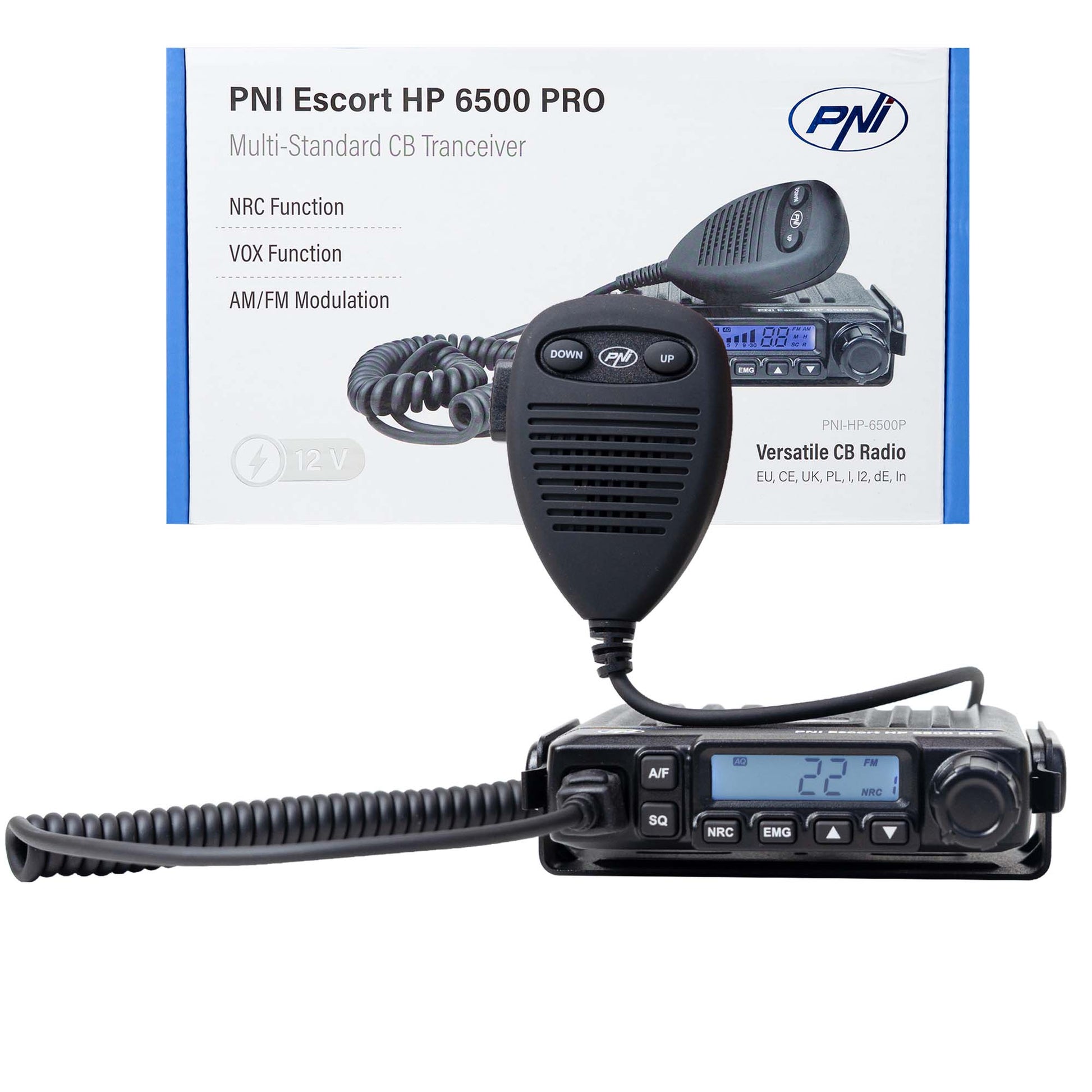 Statie radio CB PNI Escort HP 6500 PRO, multi-standard, VOX, NRC, 4W, AM-FM, 12V, SQ, ASQ, mufa de bricheta inclusa