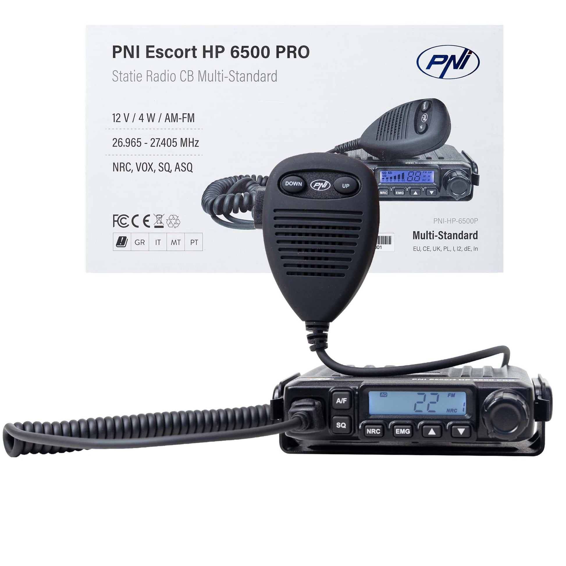 Statie radio CB PNI Escort HP 6500 PRO, multi-standard, VOX, NRC, 4W, AM-FM, 12V, SQ, ASQ, mufa de bricheta inclusa