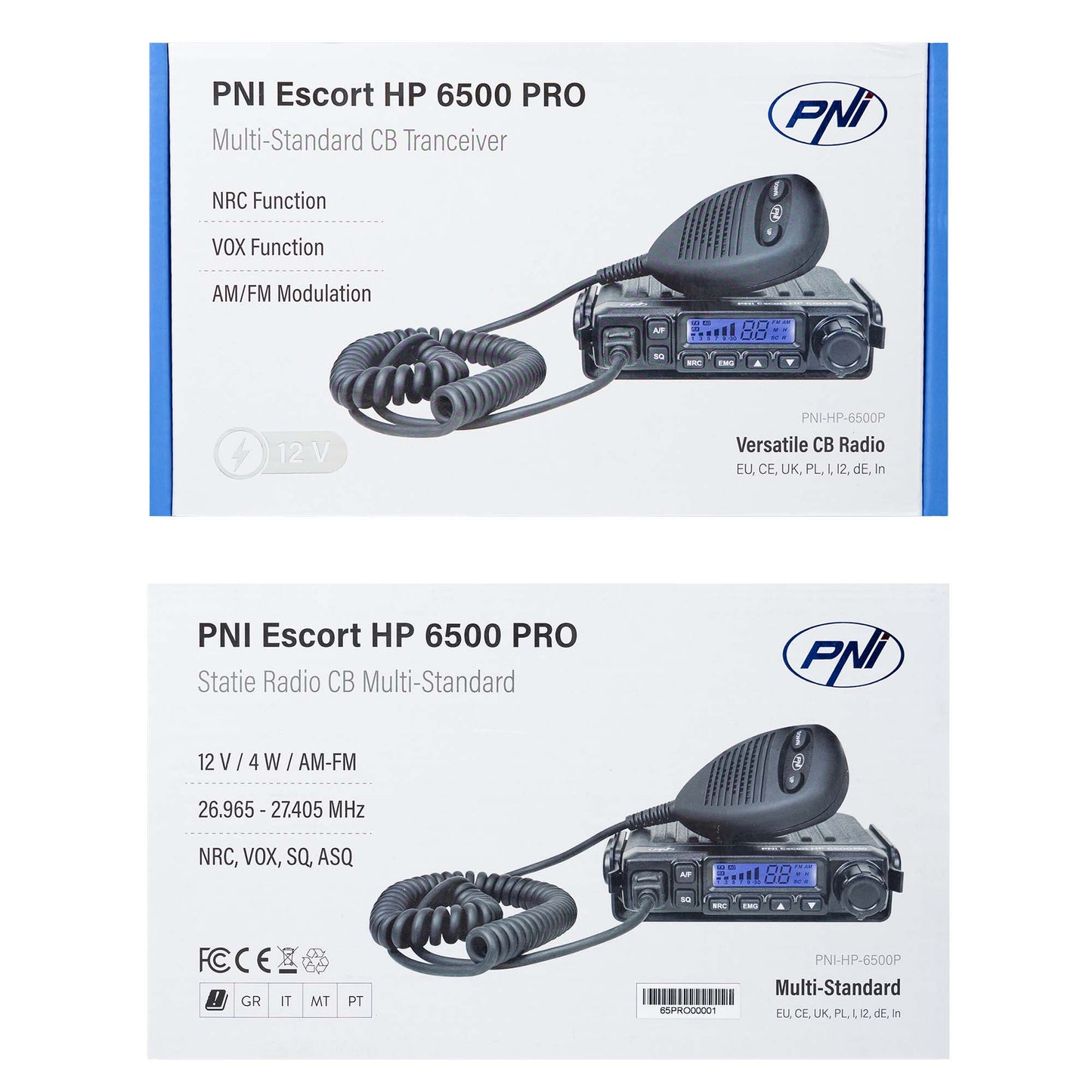 Statie radio CB PNI Escort HP 6500 PRO, multi-standard, VOX, NRC, 4W, AM-FM, 12V, SQ, ASQ, mufa de bricheta inclusa