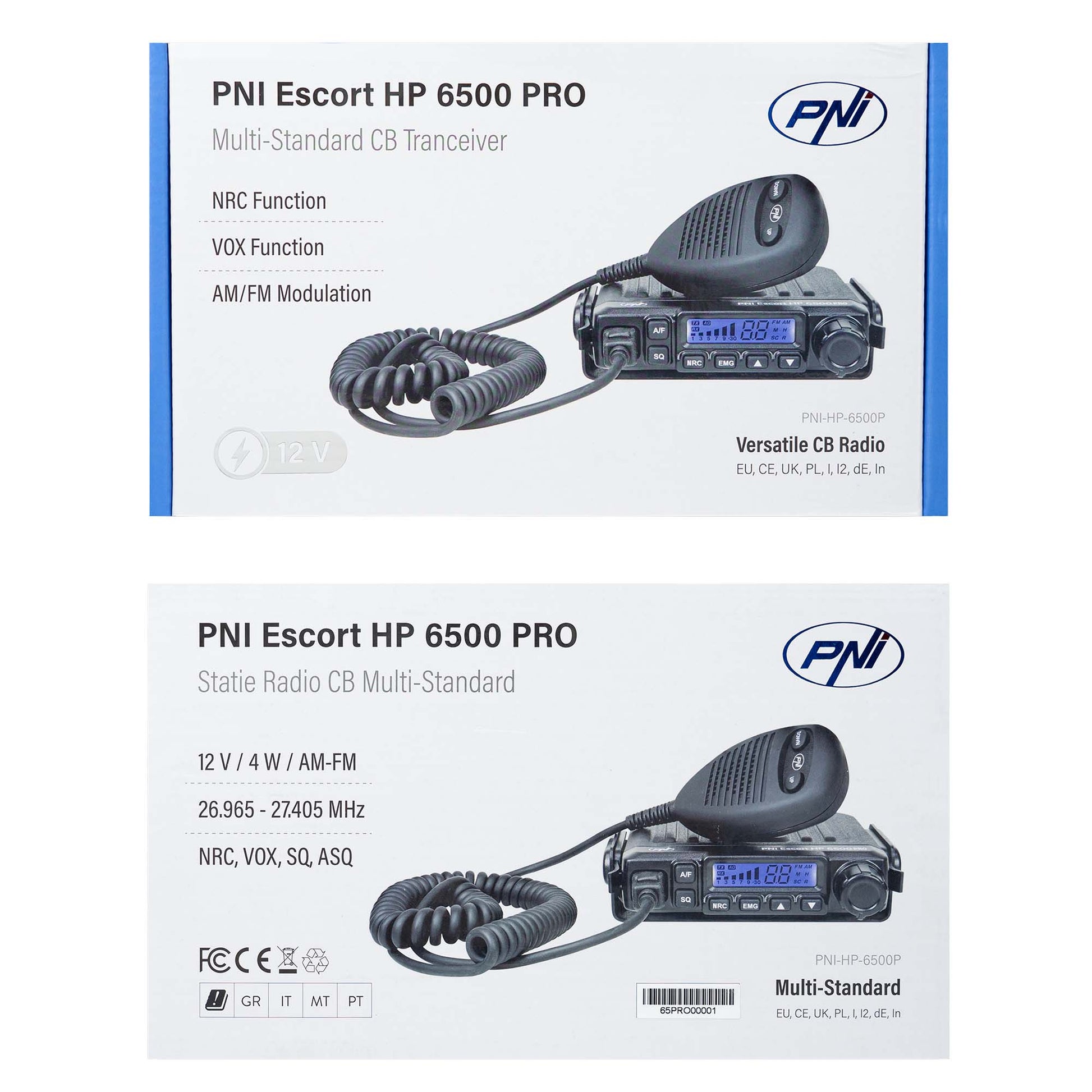 Statie radio CB PNI Escort HP 6500 PRO, multi-standard, VOX, NRC, 4W, AM-FM, 12V, SQ, ASQ, mufa de bricheta inclusa