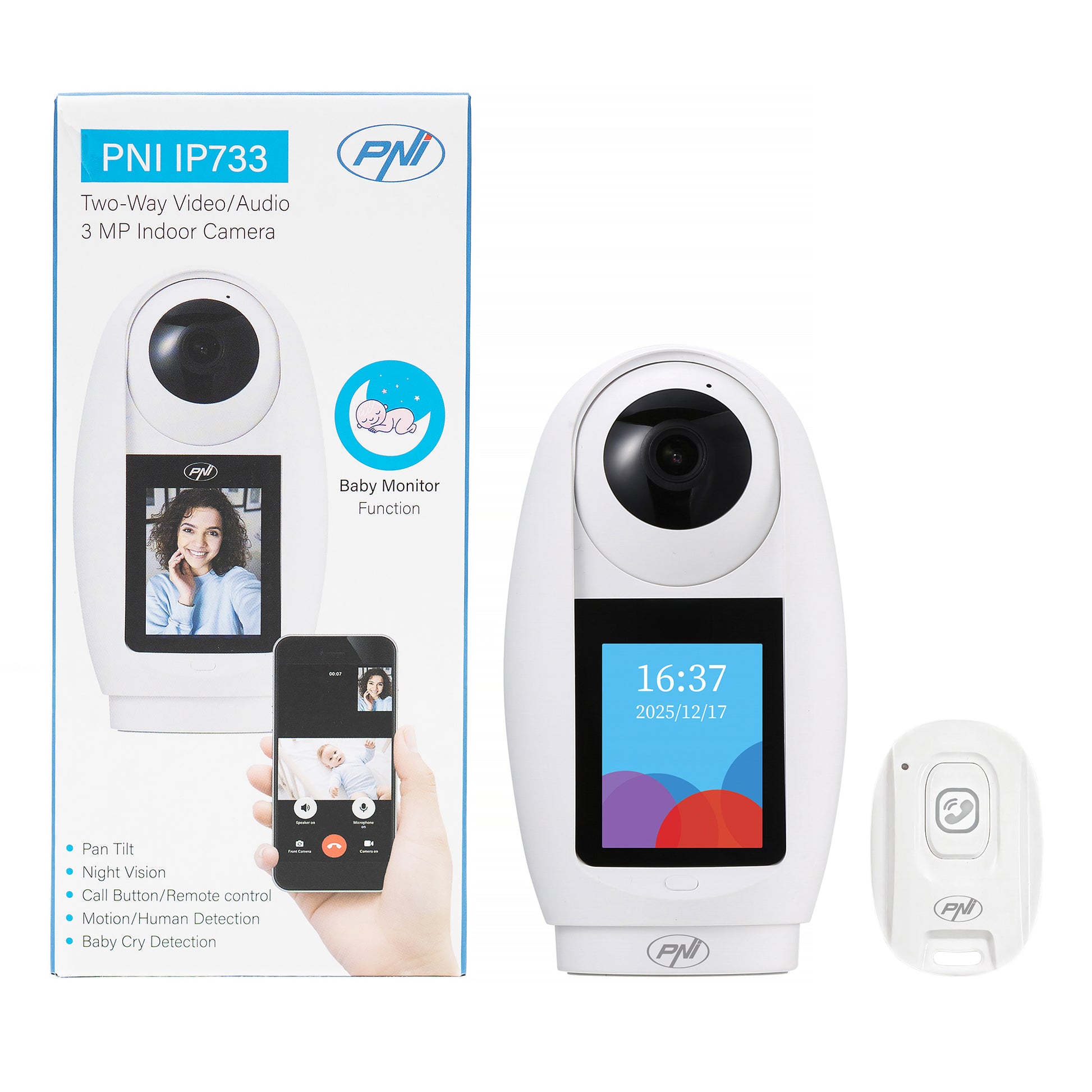 Camera supraveghere video PNI IP733 3MP, audio si video bidirectional, cu buton apelare prin Bluetooth, ecran, functie baby monitor