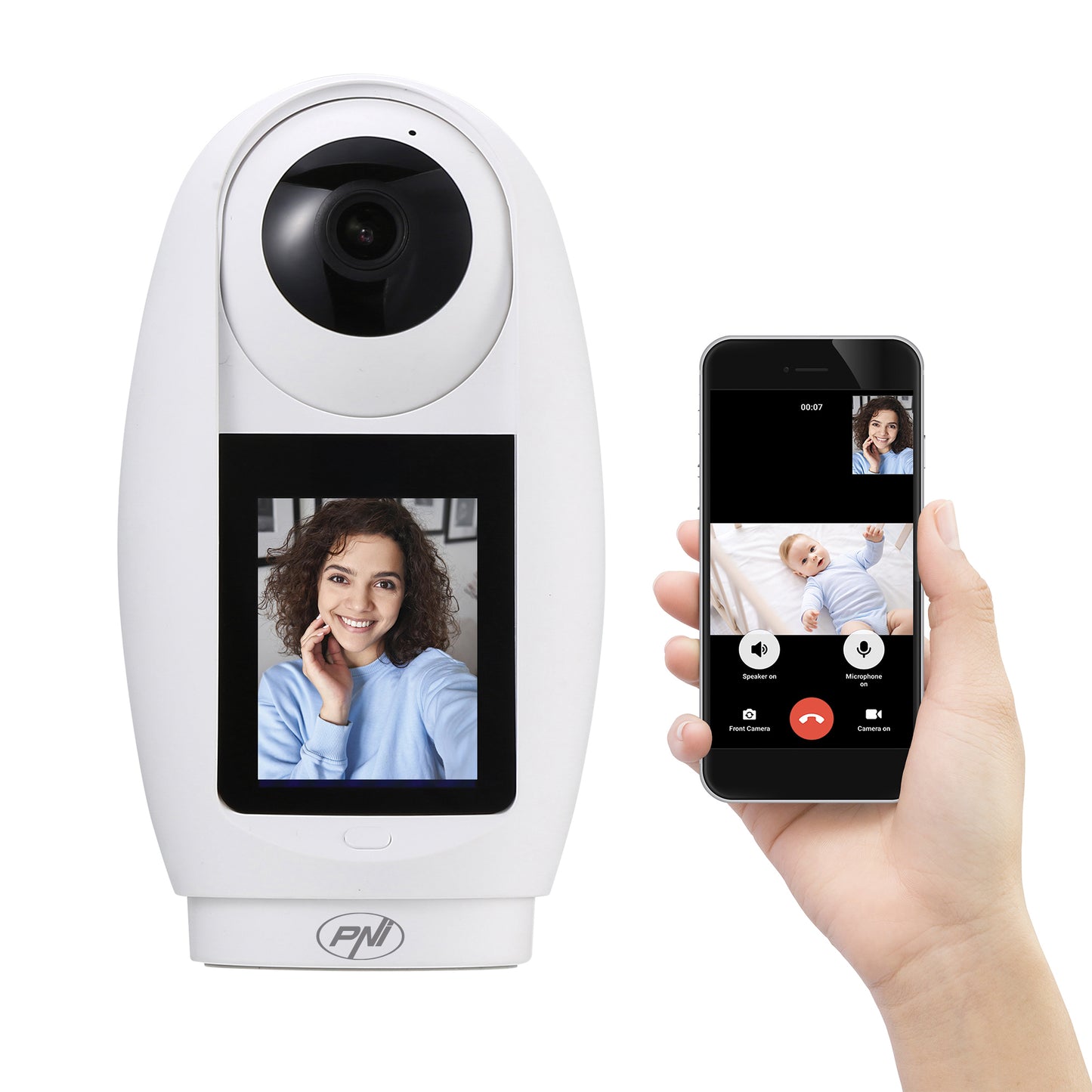 Camera supraveghere video PNI IP733 3MP, audio si video bidirectional, cu buton apelare prin Bluetooth, ecran, functie baby monitor