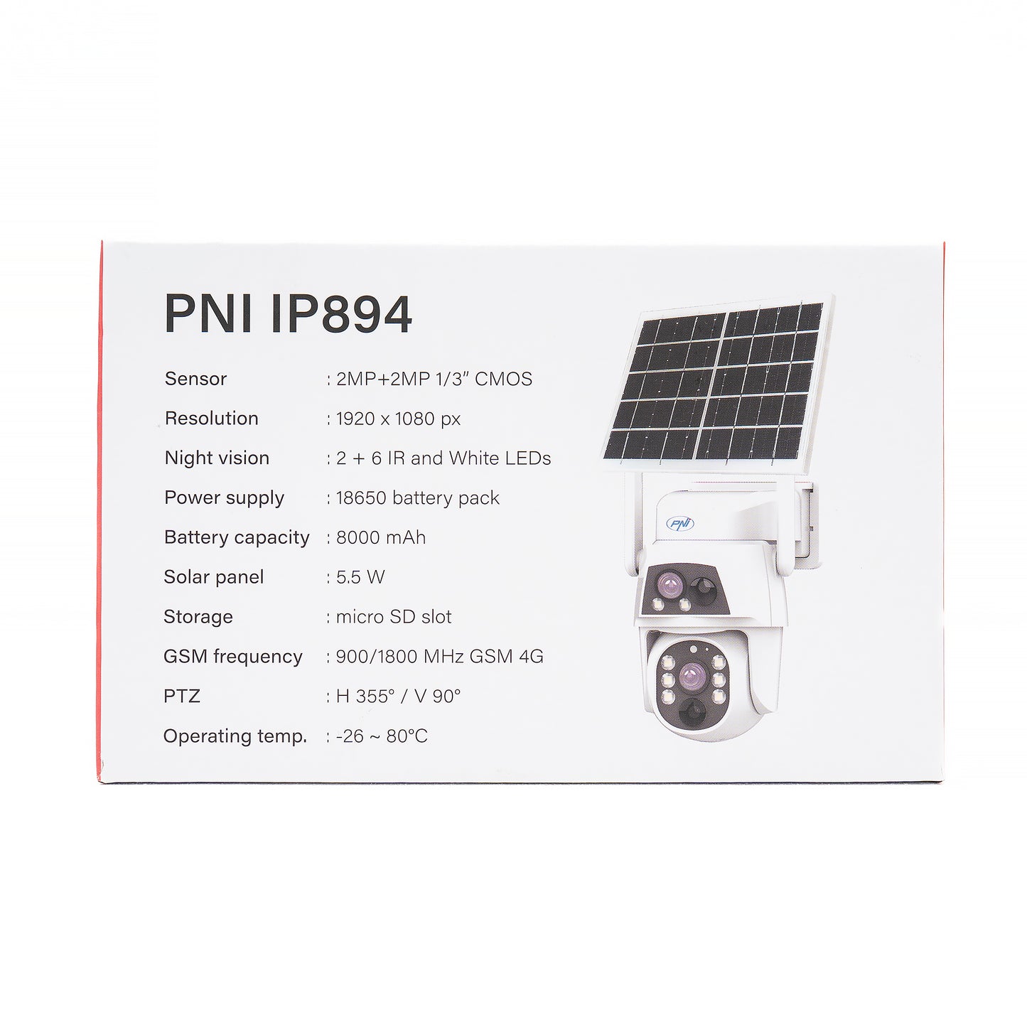 Camera supraveghere video PNI IP894 GSM 4G PTZ, dual lens 2MP + 2MP, panou solar 5.5W, acumulator bloc 8000mAh