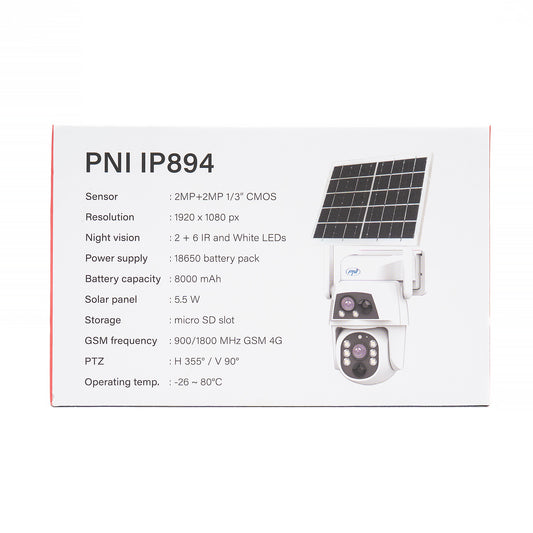 Camera supraveghere video PNI IP894 GSM 4G PTZ, dual lens 2MP + 2MP, panou solar 5.5W, acumulator bloc 8000mAh