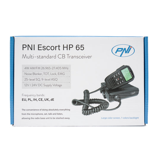 Statie radio CB PNI Escort HP 65 ASQ, multi-norma, Noise Blanker, ASQ, SQ reglabil, 12 V - 24 V, mufa de bricheta inclusa