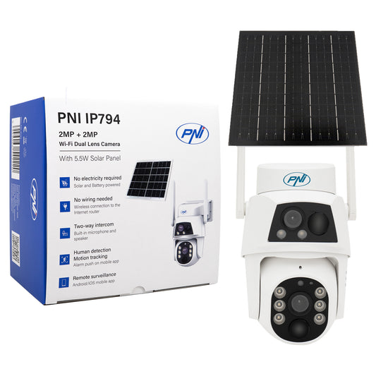 Camera supraveghere video PNI IP794 cu Wi-Fi, PTZ, dual lens 2MP + 2MP, panou solar 5.5W, acumulator bloc 8000mAh