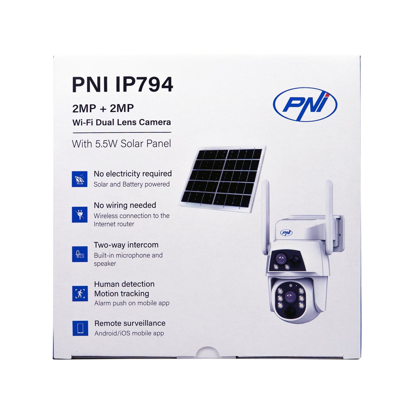 Camera supraveghere video PNI IP794 cu Wi-Fi, PTZ, dual lens 2MP + 2MP, panou solar 5.5W, acumulator bloc 8000mAh