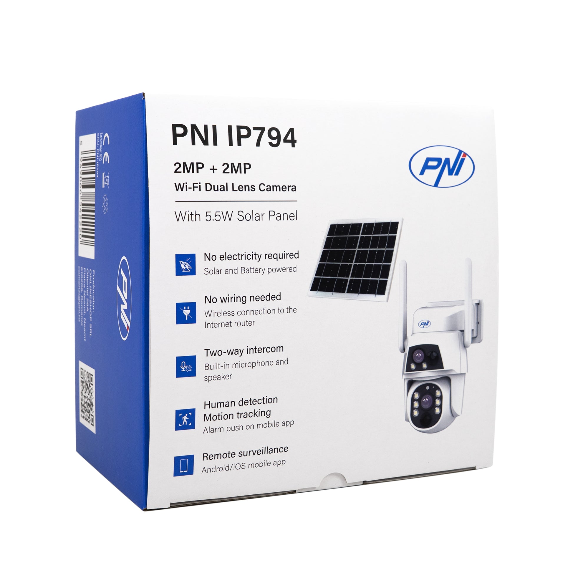 Camera supraveghere video PNI IP794 cu Wi-Fi, PTZ, dual lens 2MP + 2MP, panou solar 5.5W, acumulator bloc 8000mAh