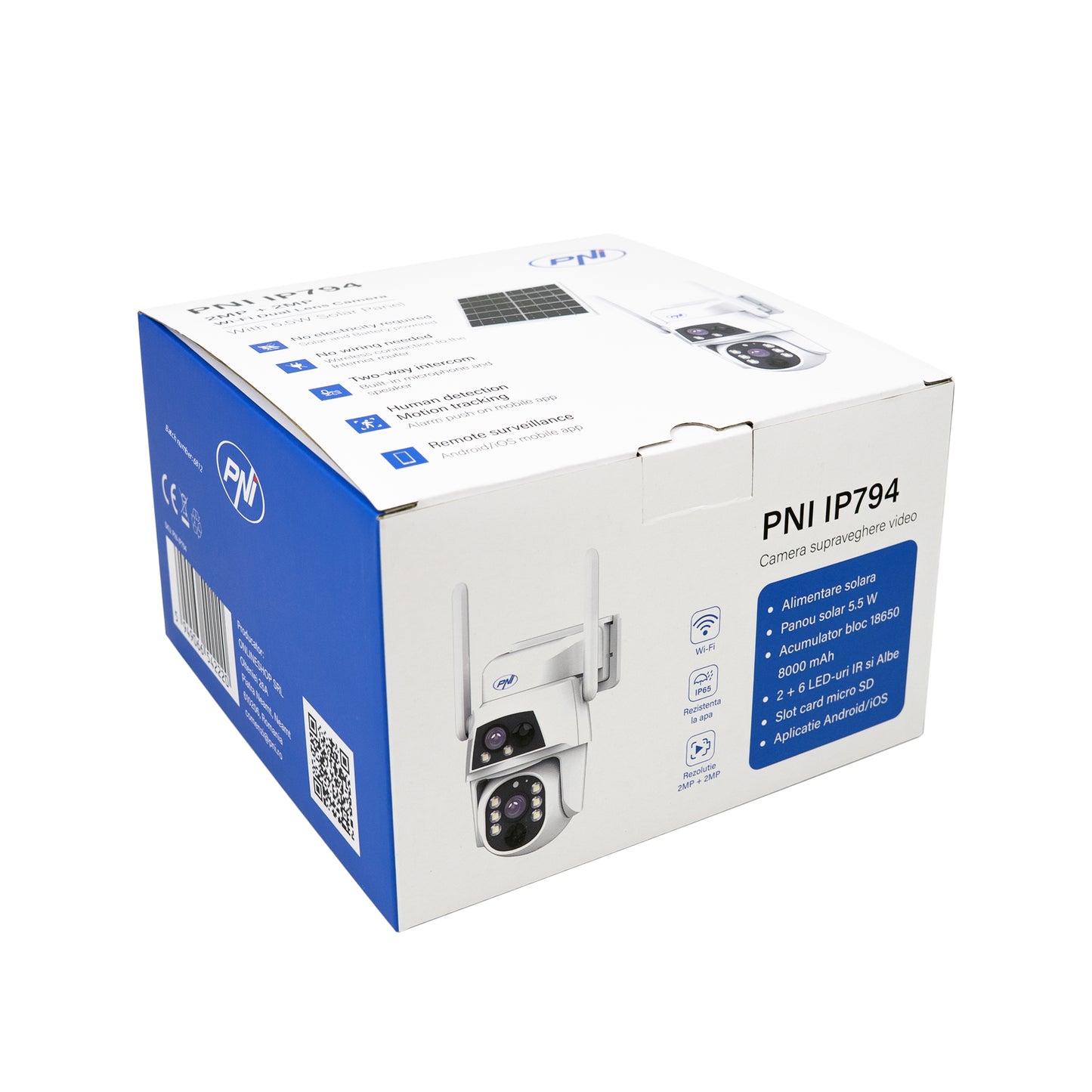 Camera supraveghere video PNI IP794 cu Wi-Fi, PTZ, dual lens 2MP + 2MP, panou solar 5.5W, acumulator bloc 8000mAh