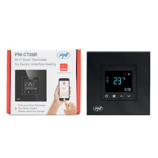 Termostat inteligent PNI CT26B WiFi incalzire in pardoseala electrica sau grup pompare, senzor pardoseala inclus, 10A, montaj incastrat, control din aplicatia Tuya Smart, programare zilnica, mod manual/automat, tensiune iesire 230V 10A