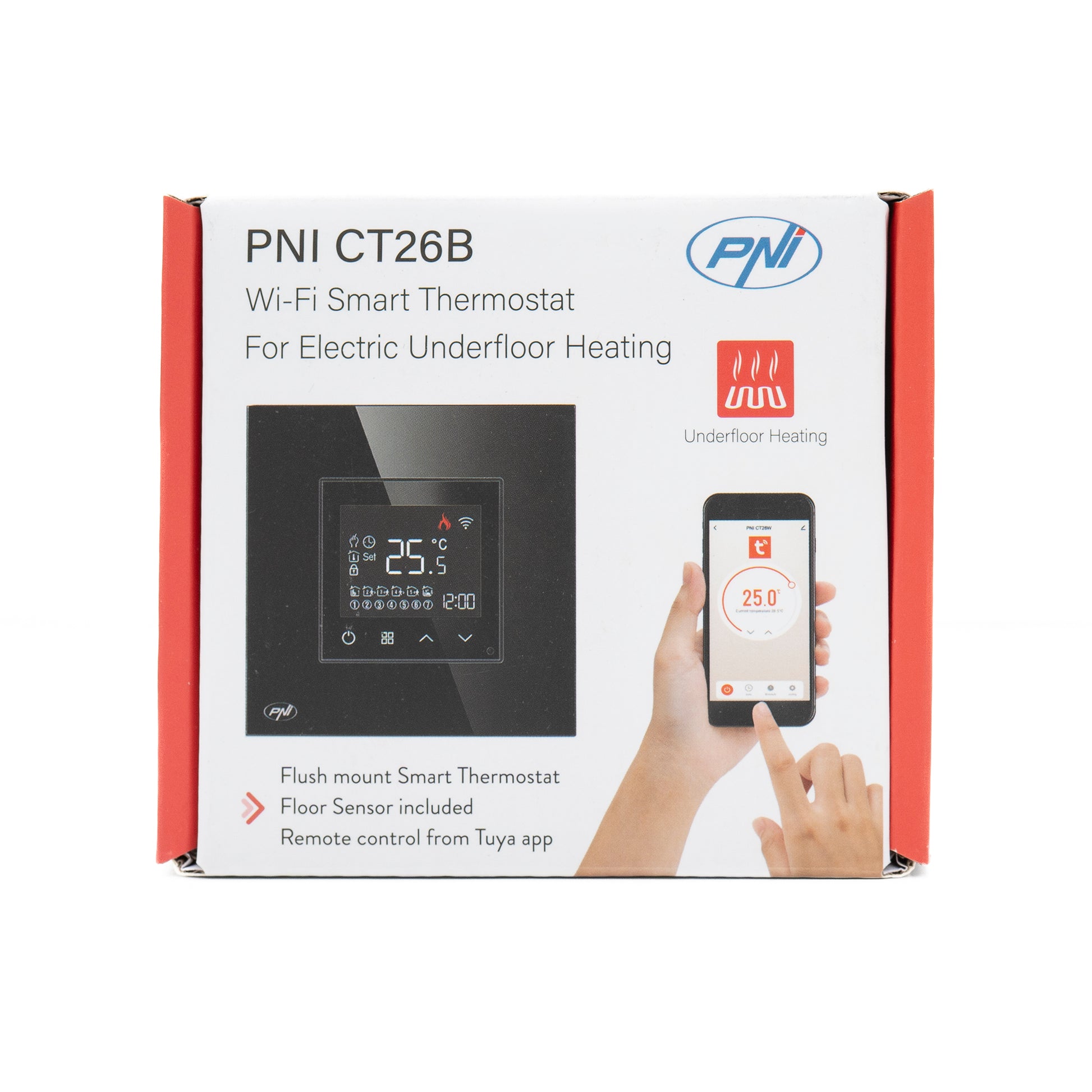 Termostat inteligent PNI CT26B WiFi incalzire in pardoseala electrica sau grup pompare, senzor pardoseala inclus, 10A, montaj incastrat, control din aplicatia Tuya Smart, programare zilnica, mod manual/automat, tensiune iesire 230V 10A