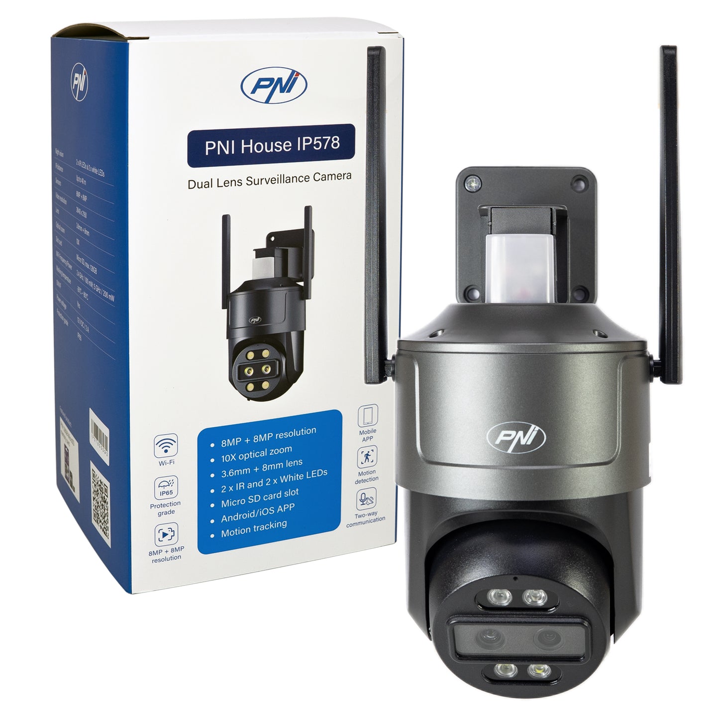 Camera supraveghere video PNI House IP578 cu Wi-Fi, PTZ, dual lens 8MP + 8MP, zoom optic 10X