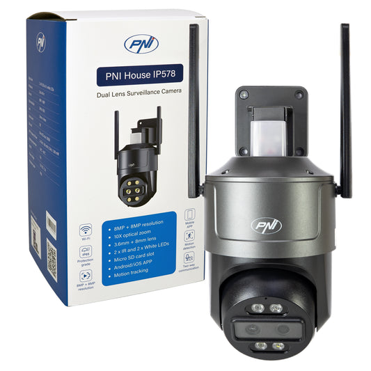 Camera supraveghere video PNI House IP578 cu Wi-Fi, PTZ, dual lens 8MP + 8MP, zoom optic 10X