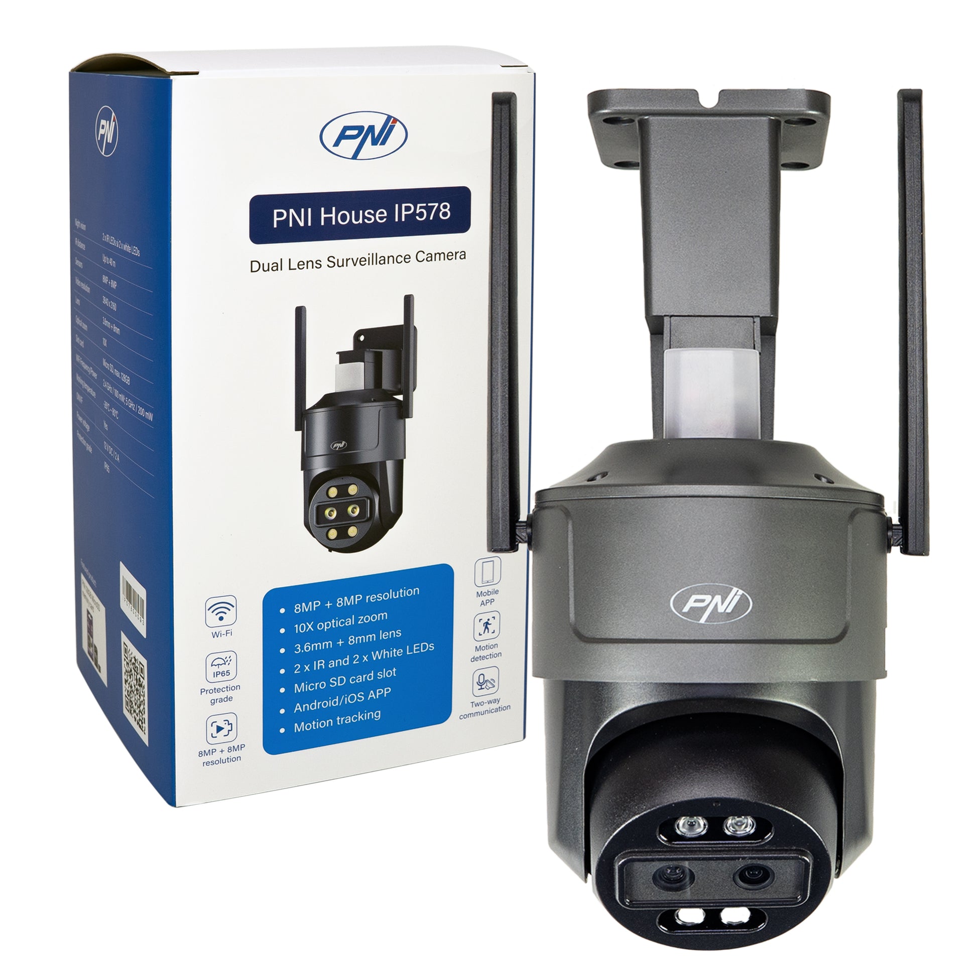 Camera supraveghere video PNI House IP578 cu Wi-Fi, PTZ, dual lens 8MP + 8MP, zoom optic 10X