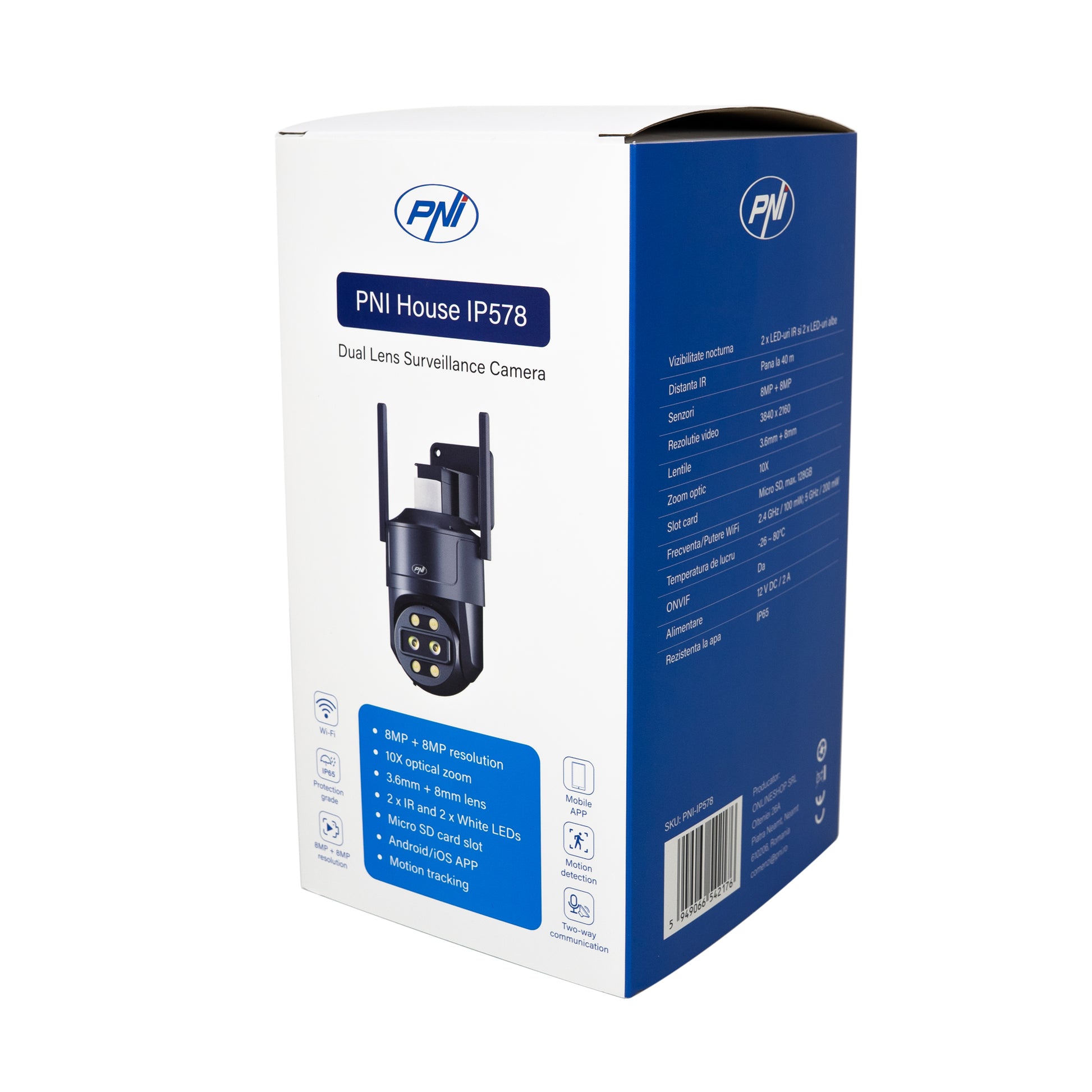 Camera supraveghere video PNI House IP578 cu Wi-Fi, PTZ, dual lens 8MP + 8MP, zoom optic 10X