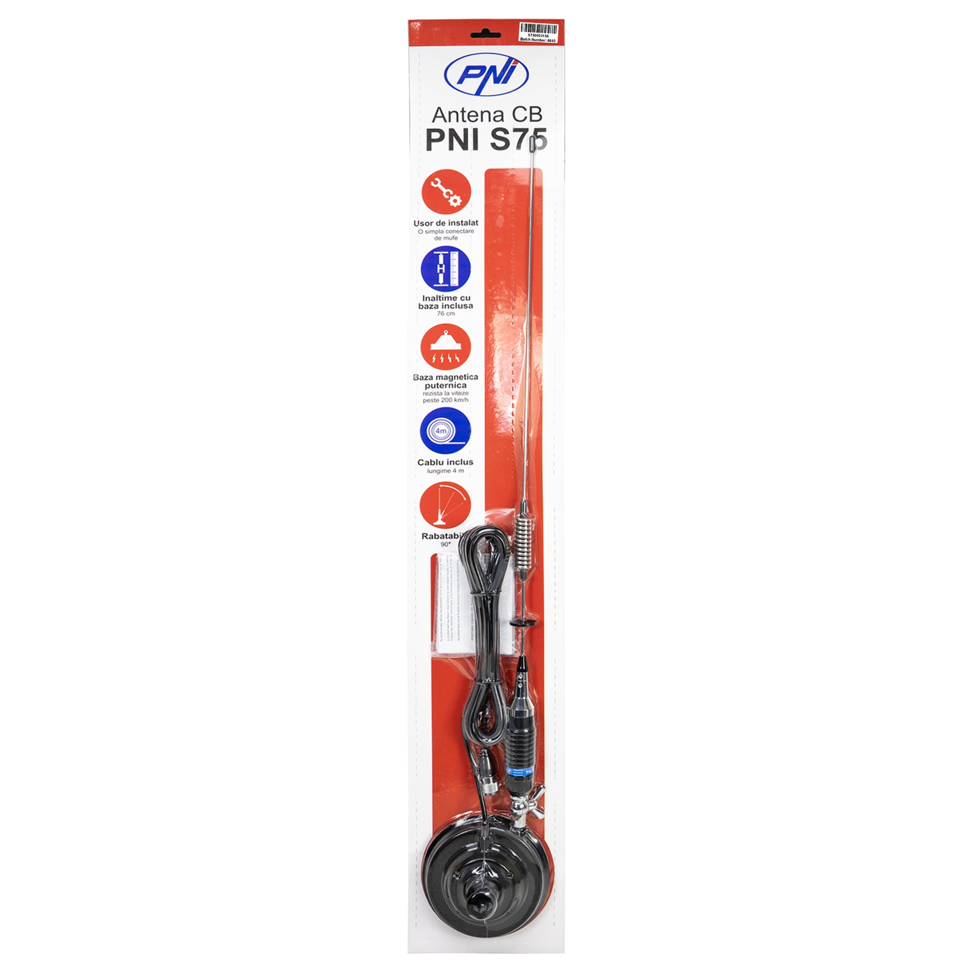 Antena CB PNI S75 cu fluture, 26-28MHz, lungime spic 54 cm, magnet 125mm inclus