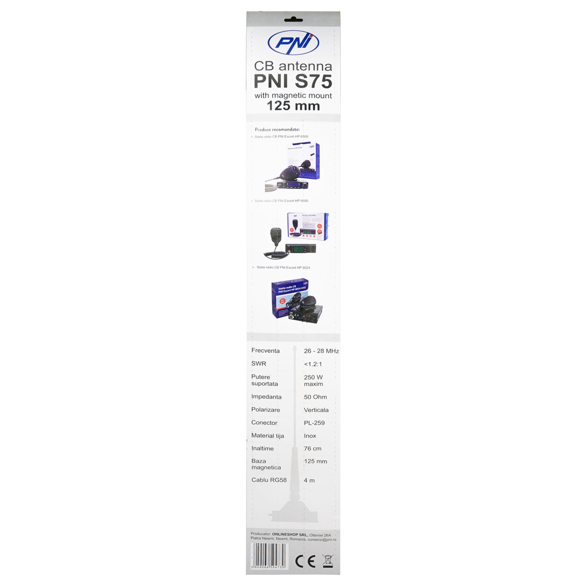 Antena CB PNI S75 cu fluture, 26-28MHz, lungime spic 54 cm, magnet 125mm inclus
