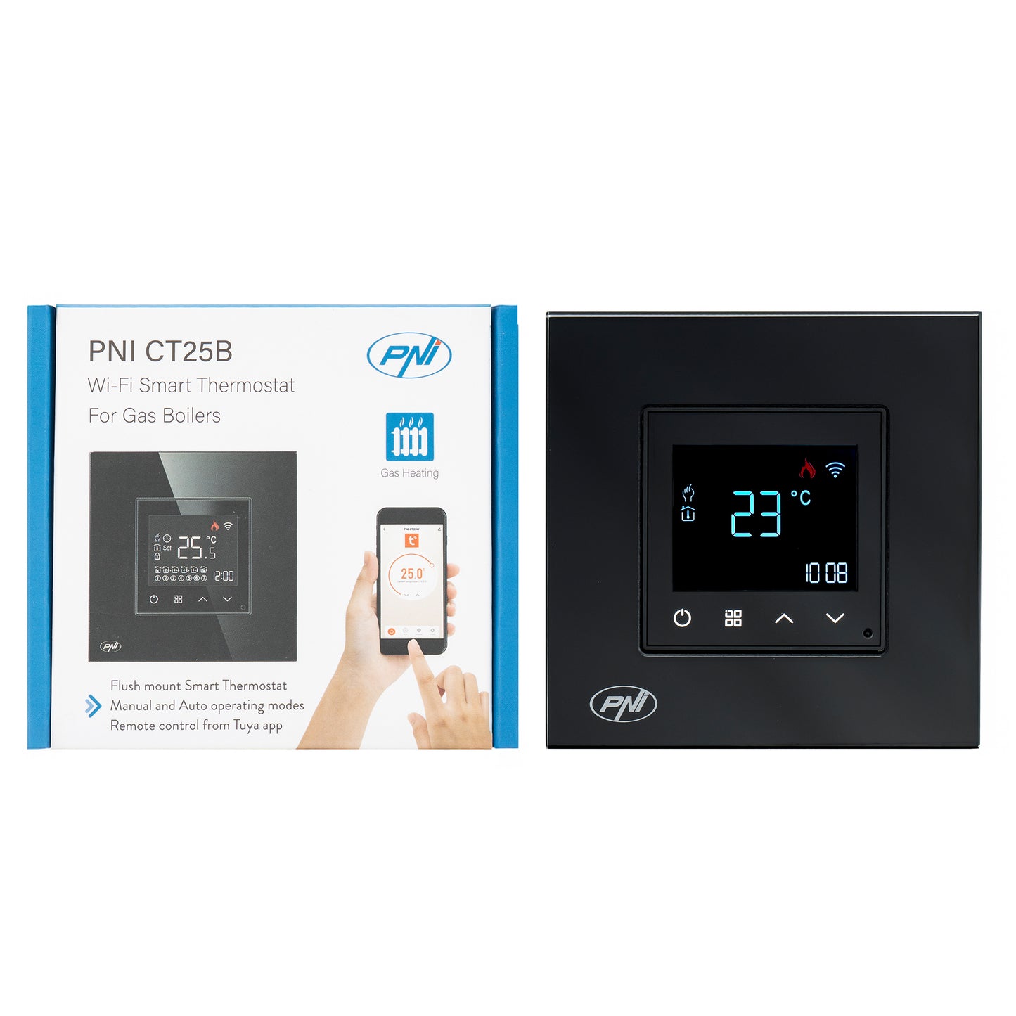 Termostat inteligent PNI CT25B WiFi pentru centrala termica pe gaz, montaj incastrat, 16A, control din aplicatia Tuya Smart, programare zilnica, mod manual/automat, culoare negru