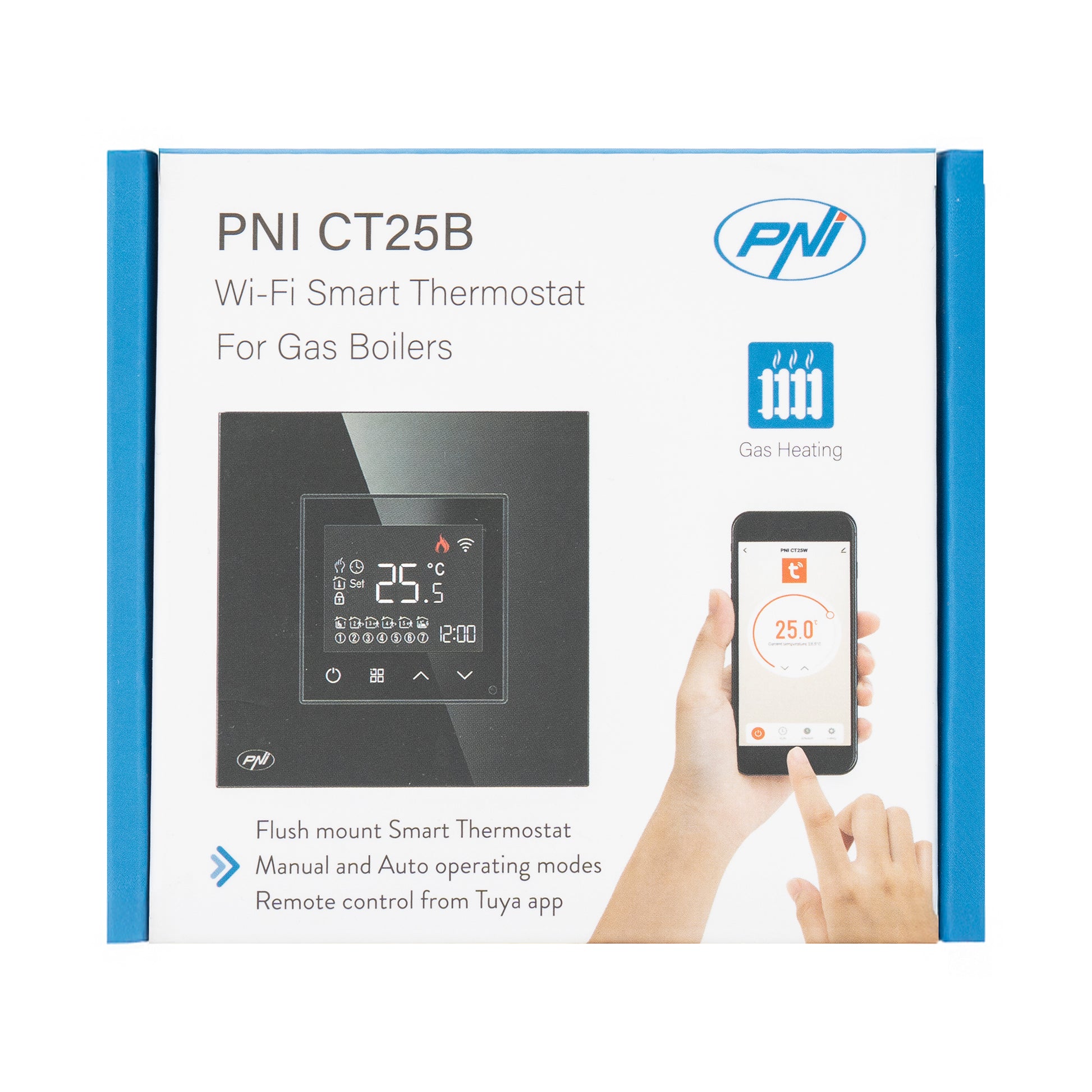 Termostat inteligent PNI CT25B WiFi pentru centrala termica pe gaz, montaj incastrat, 16A, control din aplicatia Tuya Smart, programare zilnica, mod manual/automat, culoare negru