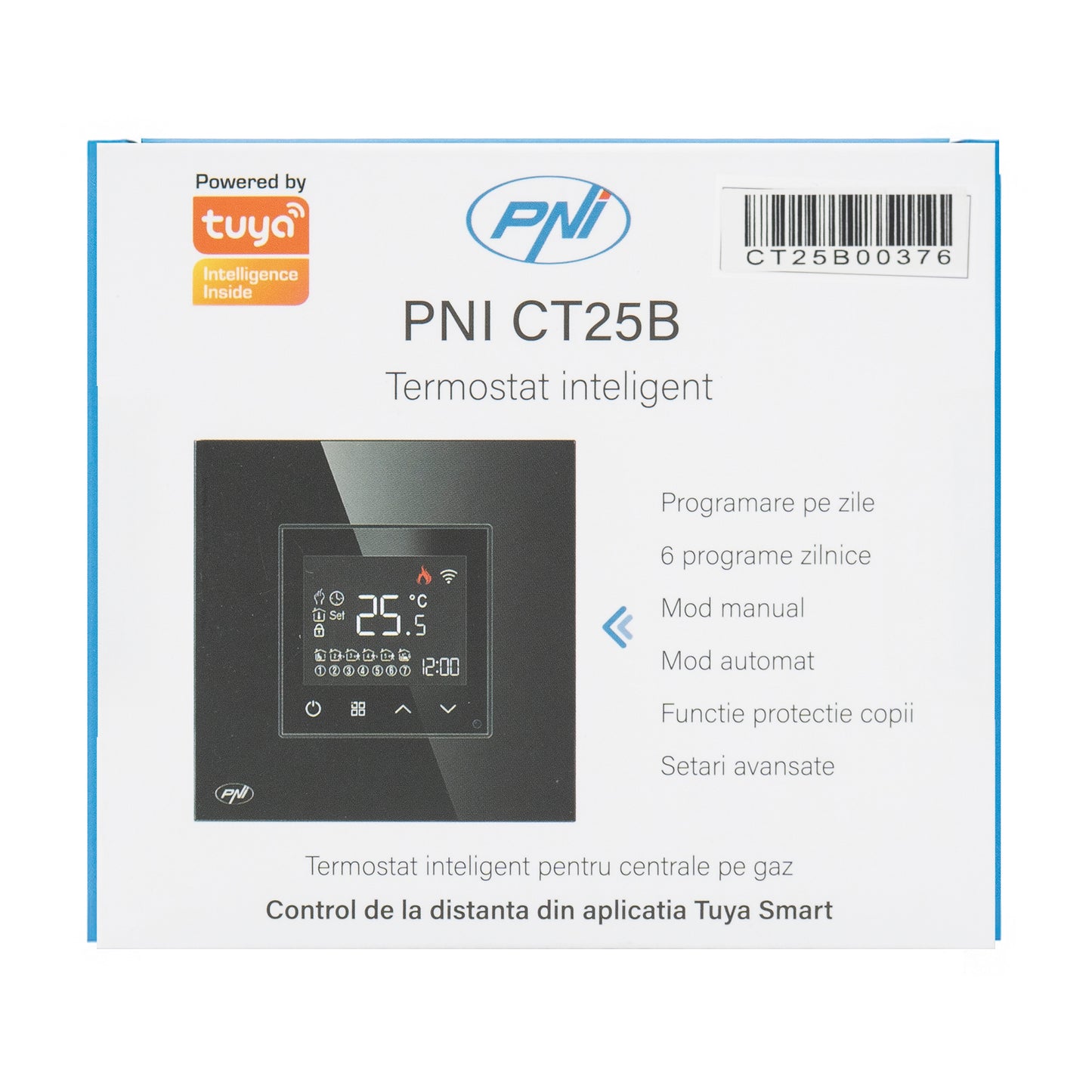 Termostat inteligent PNI CT25B WiFi pentru centrala termica pe gaz, montaj incastrat, 16A, control din aplicatia Tuya Smart, programare zilnica, mod manual/automat, culoare negru