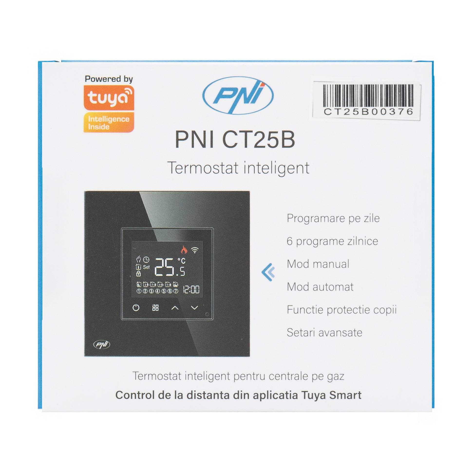 Termostat inteligent PNI CT25B WiFi pentru centrala termica pe gaz, montaj incastrat, 16A, control din aplicatia Tuya Smart, programare zilnica, mod manual/automat, culoare negru