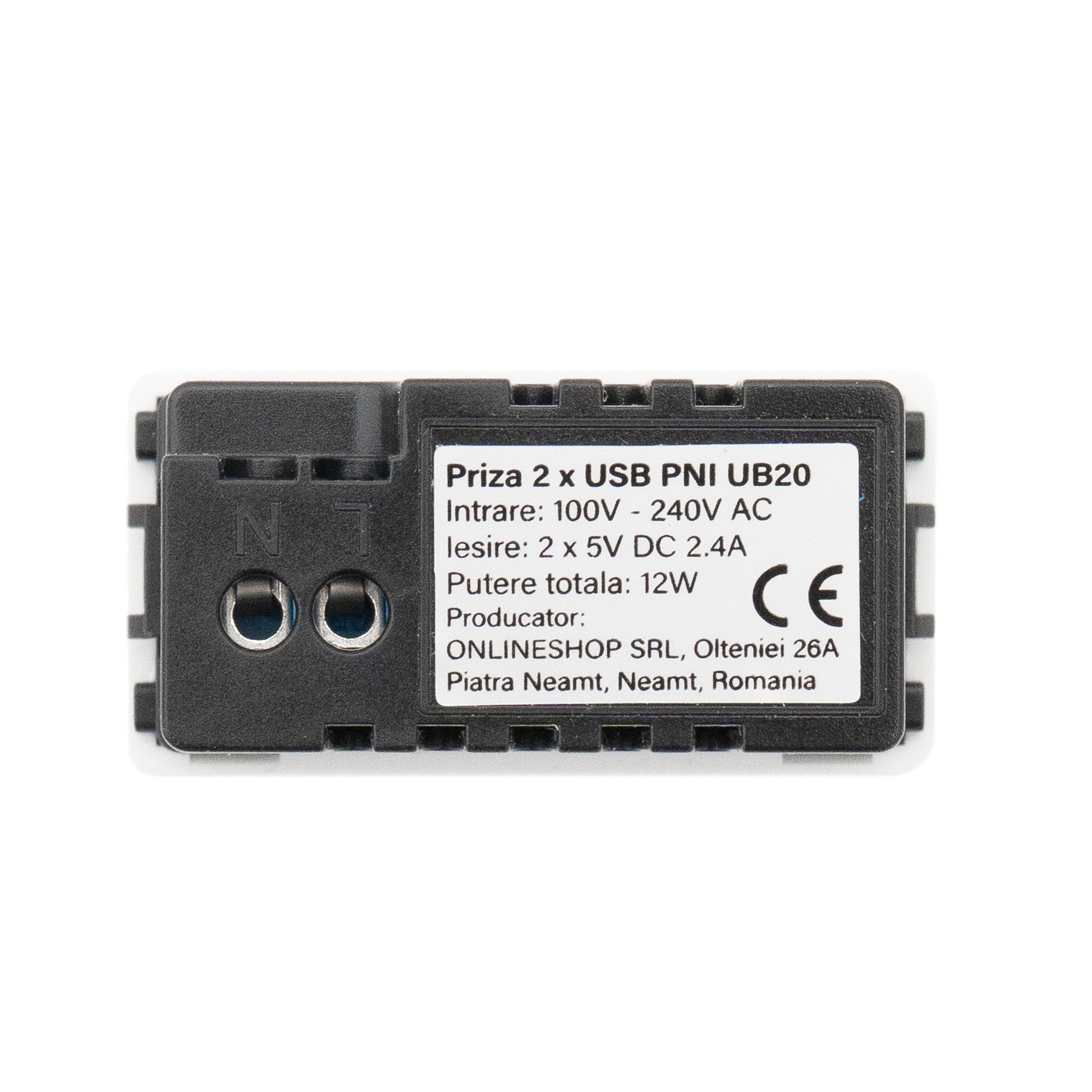 Priza alimentare 2 x USB PNI UB20, 5V 2.4A, max. 12W, modulara, tip F 1/2, montaj incastrat