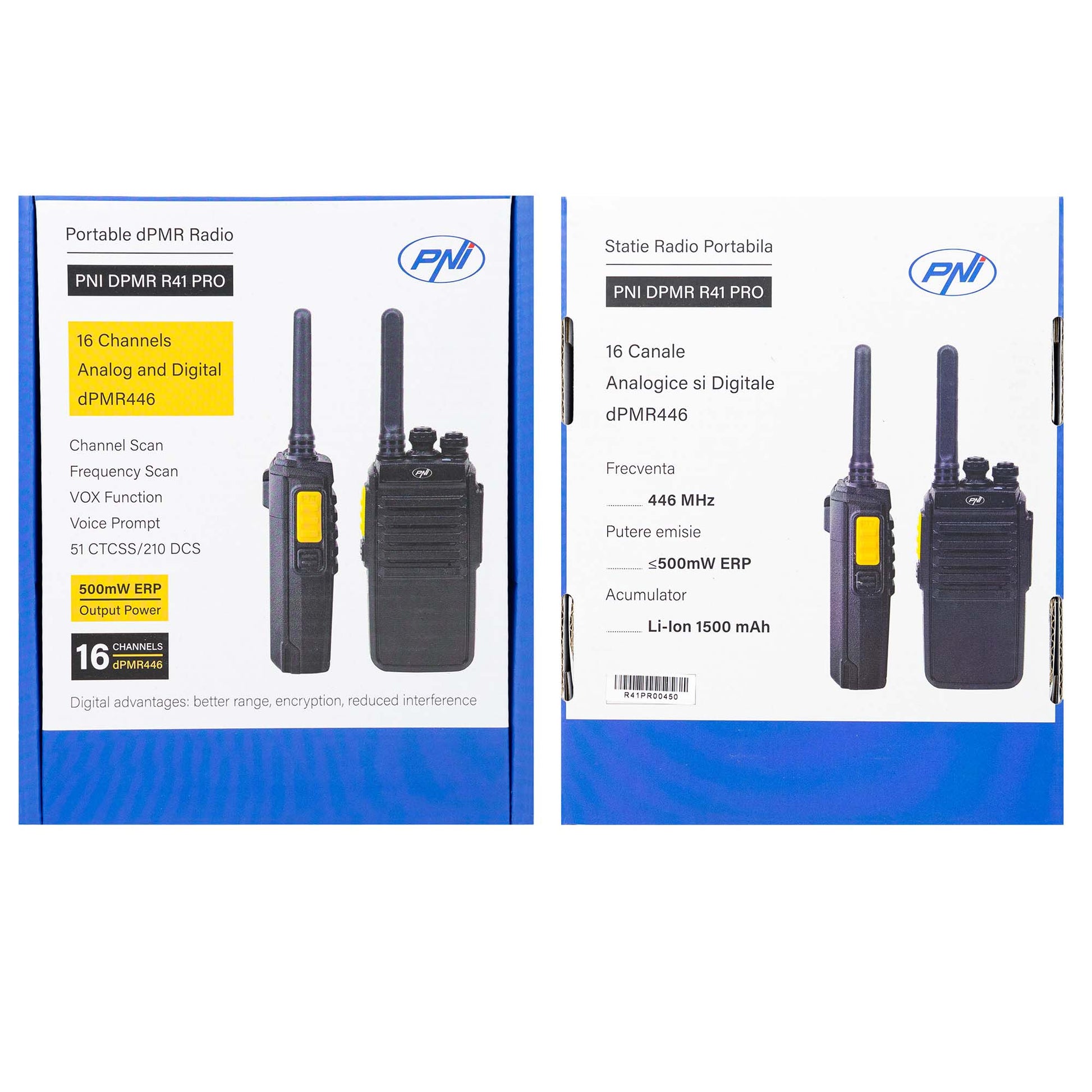 Statie radio portabila PNI DPMR R41 PRO 0.5W, 16CH, VOX, programabila, 1500mAh, casti cu microfon incluse