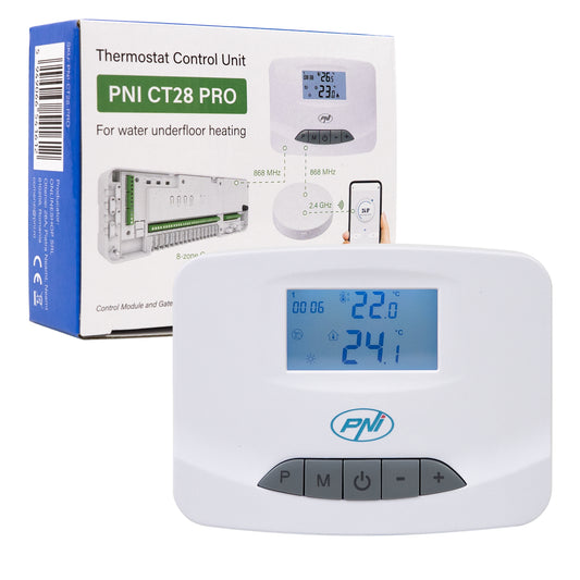 Unitate comanda termostat PNI CT28 PRO fara fir, pentru incalzire in pardoseala compatibil cu Modul de control electrovane PNI CT28M si cu Hub PNI CT28WIFI pentru control din aplicatia Tuya Smart