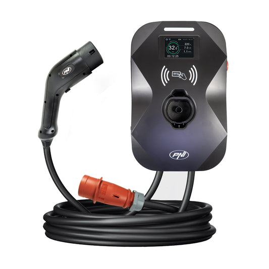 Statie de incarcare PNI KW22 32A, 22KW, pentru masini electrice, 85V - 415V, trifazat, cablu Type 2 cu 7 pini, ecran 3.5 inch, cu Bluetooth, control din aplicatie, activare incarcare prin aplicatie si card RFID, IP55