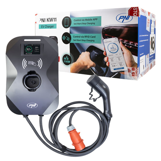 Statie de incarcare PNI KW11 16A, 11KW, pentru masini electrice, 85V - 415V, trifazat, cablu Type2 cu 7 pini, ecran 3.5 inch, cu Bluetooth, control din aplicatie, activare incarcare prin aplicatie si card RFID, IP55