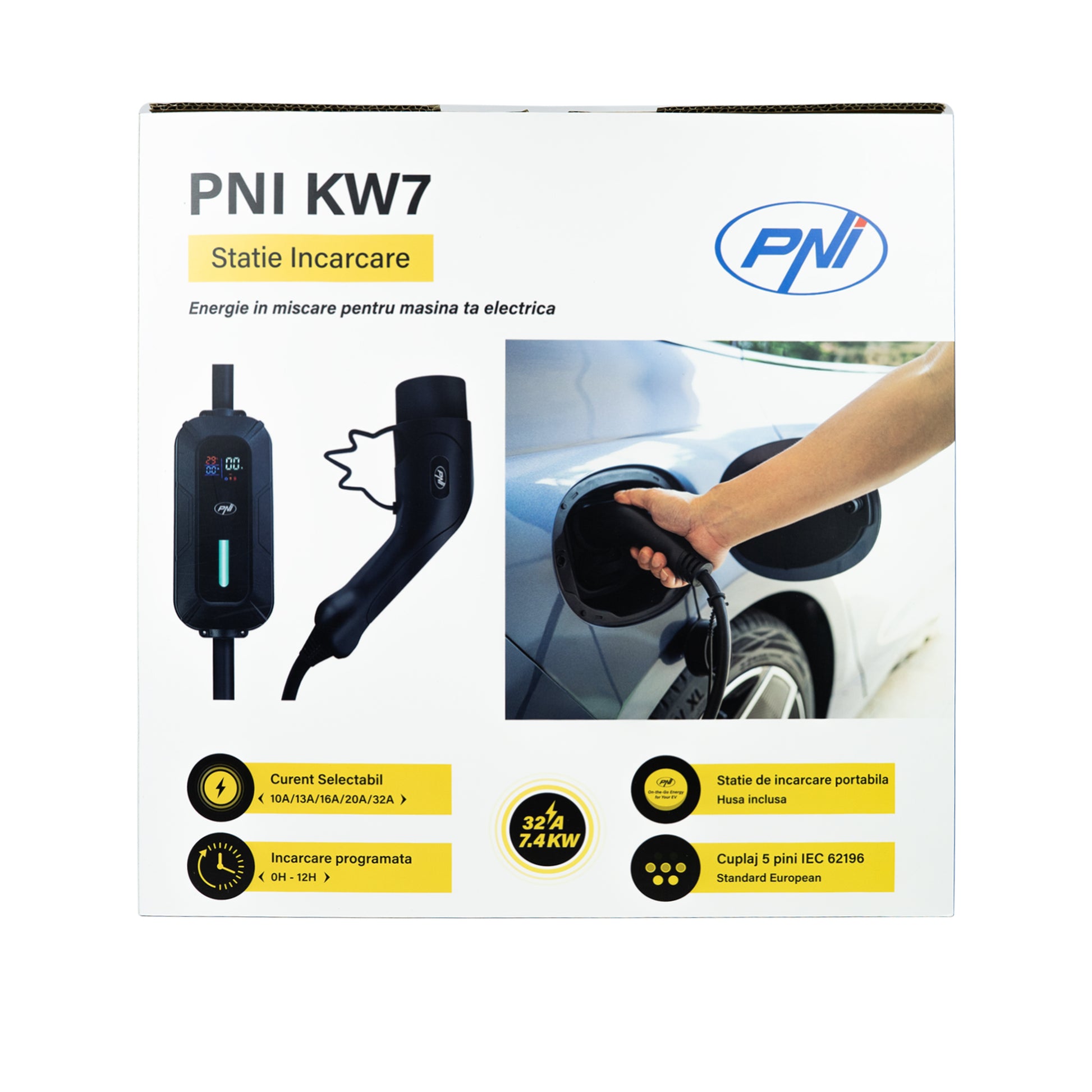 Incarcator portabil PNI KW7 32A, 7.4KW, pentru masini electrice, 230V, monofazat, cablu Type 2 cu conector 5 pini, cu temporizare, IP66